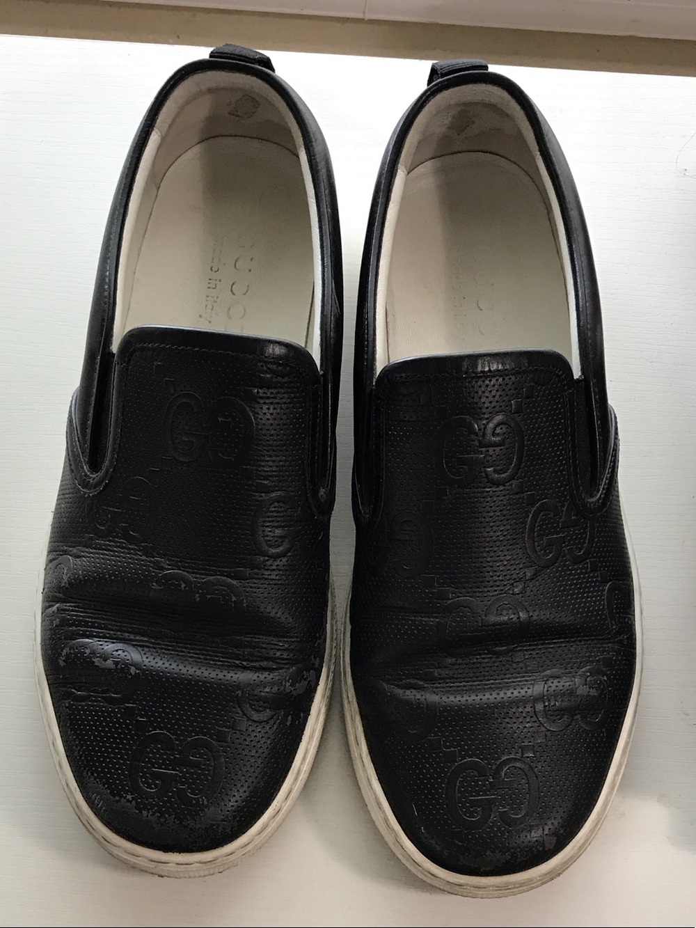 Gucci Black Slip-On Leather Loafers with White Sole